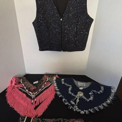 Western Wear Poncho Style Neck Adornments & Glittery Banjo Vest - Pink Fringe, Denim, Silver Accents