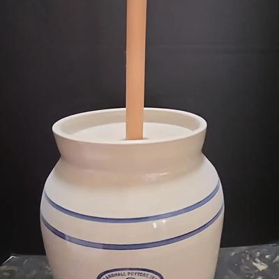 Vintage Marshall Pottery Stoneware Butter Churn w/ Wooden Dasher - Cream & Blue Stripe