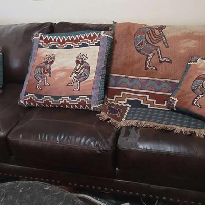 Large Brown Leather Sofa With Kokopelli Throw & Pillows - Southwest