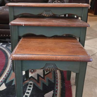 3 Vintage Wood Nesting Tables - Green Painted Base, Natural Top, Scallop Edge