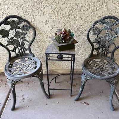 Bistro Set - Corner Table With Tile Mosaic Top + 2 Metal Chairs With Roses