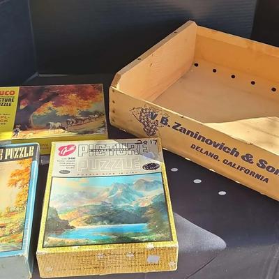 3 Vintage Puzzles & Wooden Fruit Crate - Zaninovich & Sons, Guild & Tuco Picture Puzzles