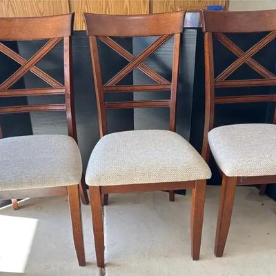 3 Beautiful X Back Dining Side Chairs - Light Wood, Beige Fabric Upholstered, Sturdy