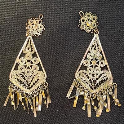 Silver Metal Filigree Drop Earrings 