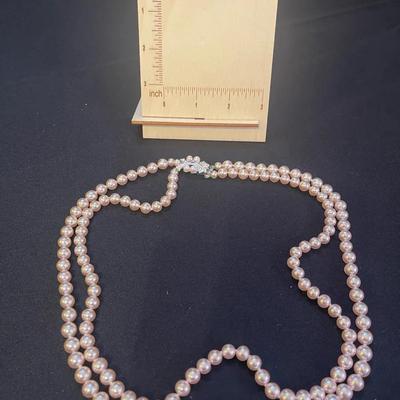 Pink-tinted Double Strand Pearl Necklace & Clip-on Earrings