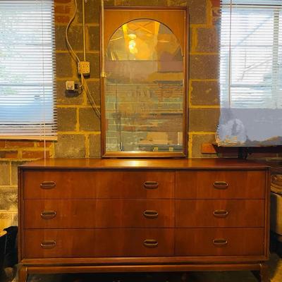 Mid-Century Bassett Gunstock Walnut Dresser & Mirror 