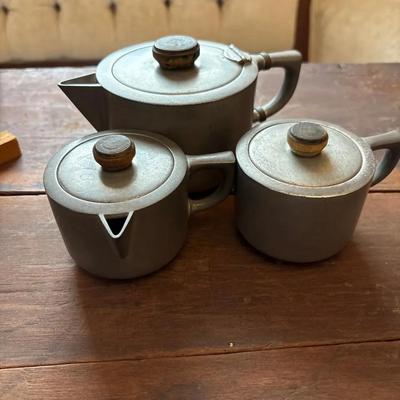 Vintage Pewter Tea Set With Teapot, Creamer And Sugar Bowl