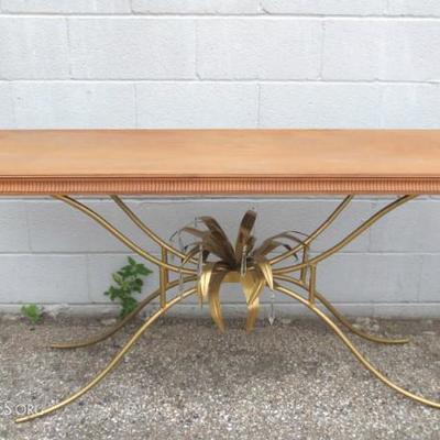 Mid-Century wood top table and wrought iron base with lusters