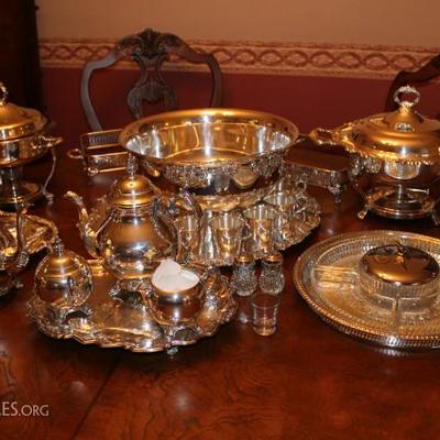 Punch Bowl with cups, Tea Set, Trays, Chafing Dish