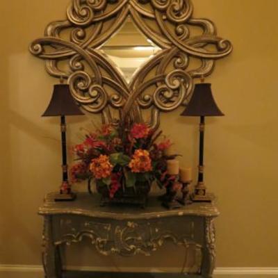 FEATURED - Gorgeous entryway console table, buffet style lamps and silver mirror