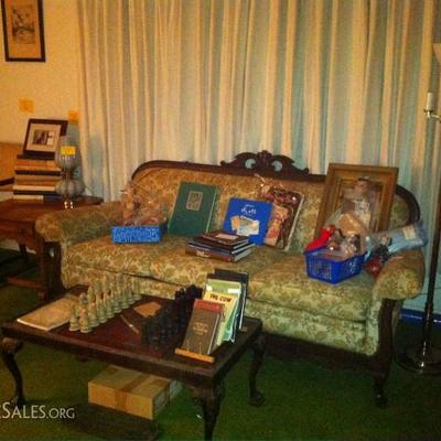 Great Queen Anne style sofa, dolls, books,