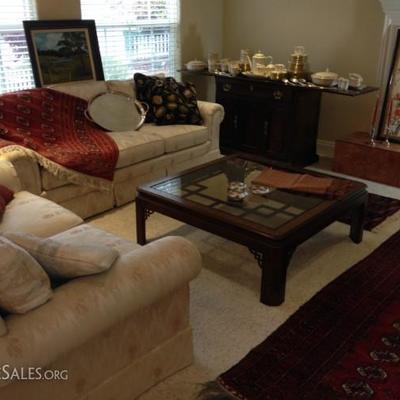 PERSIAN RUG (on couch) 4' x 6'. DREXEL HERITAGE: COUCH & LOVE SEAT SET, SIDE BOARD CABINET, COFFEE TABLE, 2 SIDE TABLES