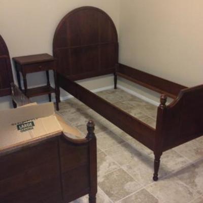 Antique Oak twin beds with rails.  Matching nightstand