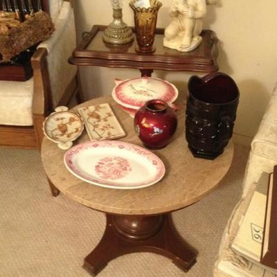 Antique side tables and glassware