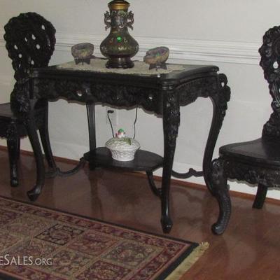 Beautiful hand carved Asian teak entry table and chairs from the Myers Park Manor Hotel in Charlotte North Carolina