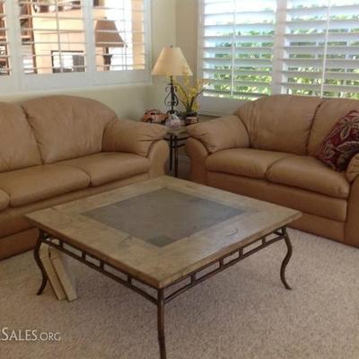 Tan leather sofa, love seat, coffee table & lamps