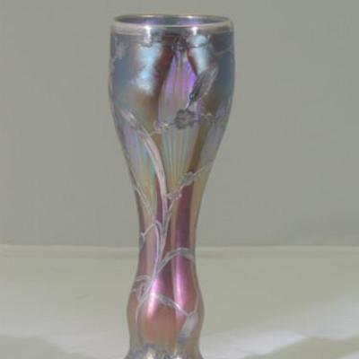 Loetz-Phanomen Genre Art Nouveau vase with scenic silver overlay and pulled leaf decor.