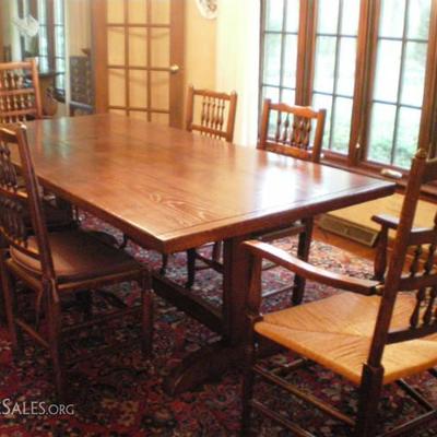 Large Trestle table with 6 chairs  2 arm 4 without arm charis