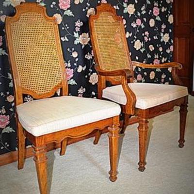 Beautifully carved, ornate dining chairs with neutral upholstery - set of 6.	