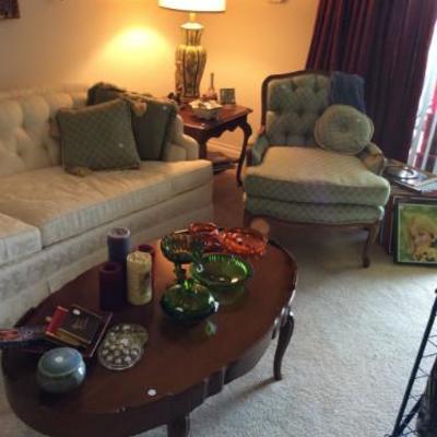 Vintage Sofa, French Provincial Chair, coffee and end tables