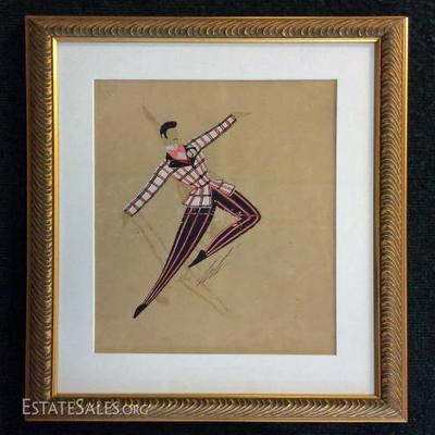 RARE ORIGINAL ERTE PAINTING CIRCA 1950, SIGNED LOWER RIGHT, FROM A COSTUME DESIGN STUDY