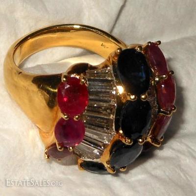 Custom Made 18K Yellow Gold Ring with Rubies, Sapphires and Diamonds-total weight: 16.8g