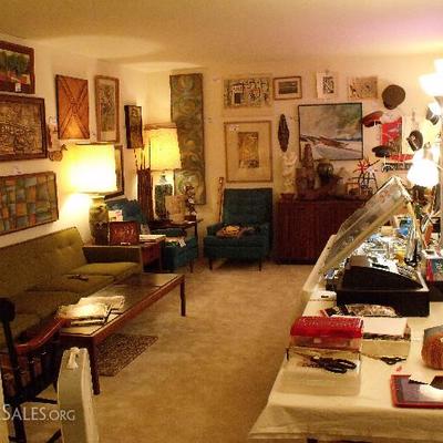 Front room.  Mid Century furniture and wonderful artwork.