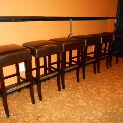 6 Palecek Bar Stools 30 inches high with black leather cushions