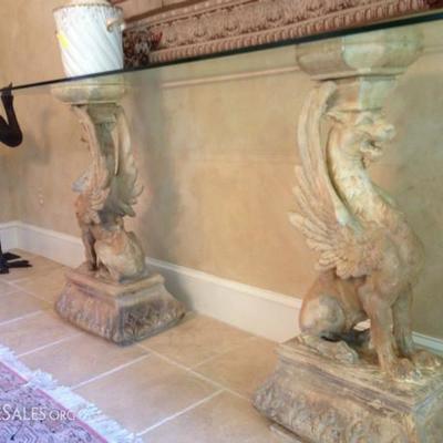 Antique French terracotta griffins, presently used as a console table.  $1,550
