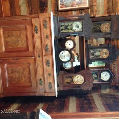 Variousantique kitchen clocks and furniture
