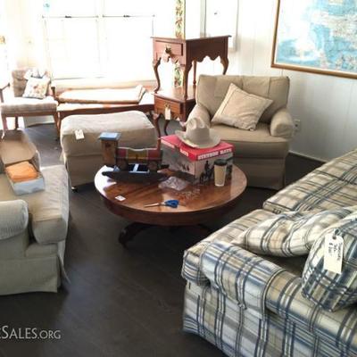 Thomasville Sofa and Chairs with Antique Round Coffee Table