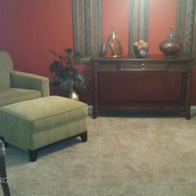 Teal & brown paisley chair; armchair w/ ottoman; sofa table