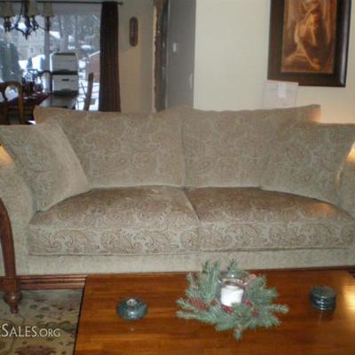 Beautiful Pratt Chenille sofa with Wood Carving detailing