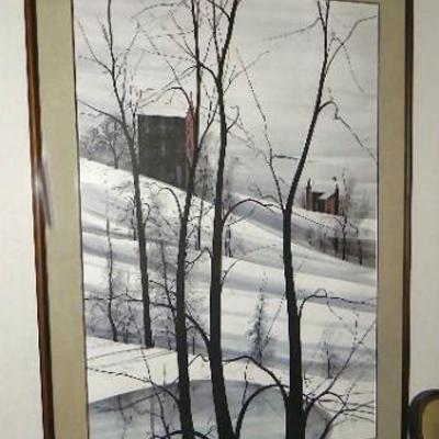 1979 Rare P Buckley Moss Lithograph - Valley Winter, Signed on Print & Glass