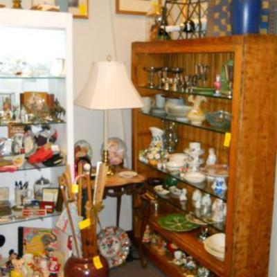 SP, Fenton, glassware, S&P's, marble top carved wood table, Stiffel lamp, etc.