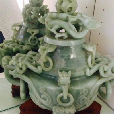 Very Nice, Large, Temple (or important person) Urn.  Jade & Hand Carved.  Rare for size and puzzle ball on top.  