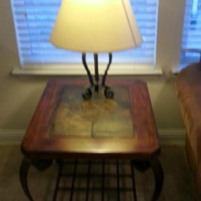 2 matching end tables with slate top, match coffee table and sofa table.  2 end table lamps
