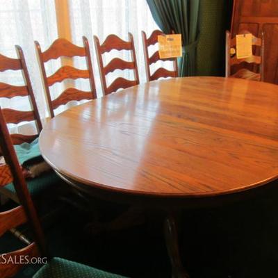 Oak Ball & Claw, Pedestal Dining Table w/4 Leaves & 6 Ladder-back, Forrest Green Upholstered Chairs w/Ball & Claw Feet