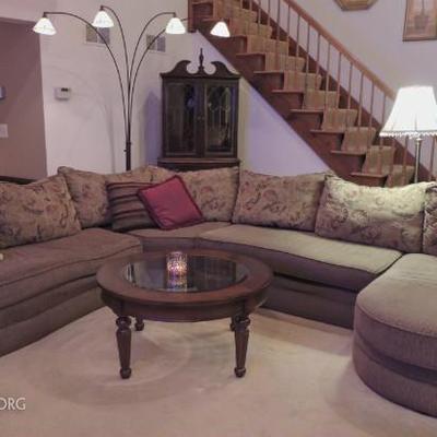Taupe 5 pc sectional sofa,  this coffee table  and square wood one with compass motif inlay also available.