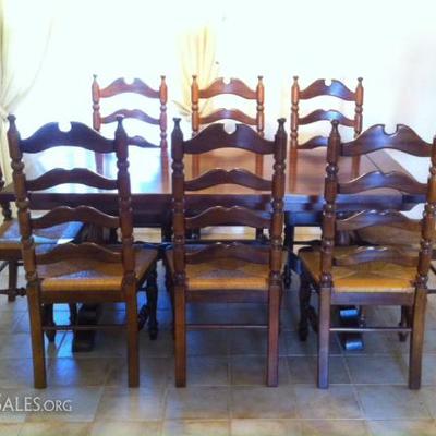 Refectory dining table w/ 8 chairs, 2 leaves, and pads
