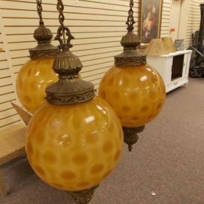 Vintage 1950s Tiffany style hanging ceiling light with mixed cream, yellow and orange slag glass panels with amber stain