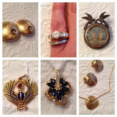 Diamond engagement ring and wedding band, sapphire and diamond pendant, Christian Dior pendant and earrings, 18K 14K