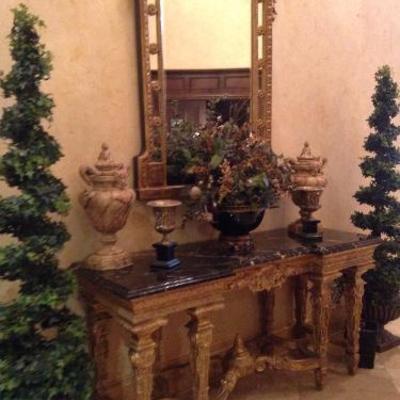 Gold gilt wood and marble entry/buffet plus home decor