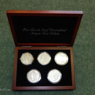 Five Decades Set of Morgan Silver Dollars in Wood Case