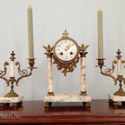 Japy Freres Garniture. Three piece marble and brass clock with candlesticks. 
