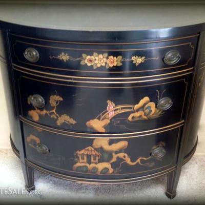 Uniquely shaped black lacquer, Asian painted, antique chest of drawers!