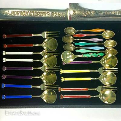 David Andersen Noirway Enameled Gold Wash Sterling Silver Hors d'Oeuvre and Coffee Spoon Sets