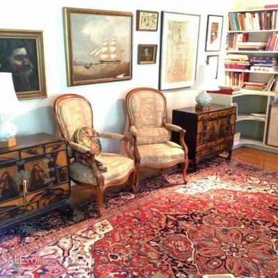 Antique rug. Antique Queen Anne Arm Chairs
