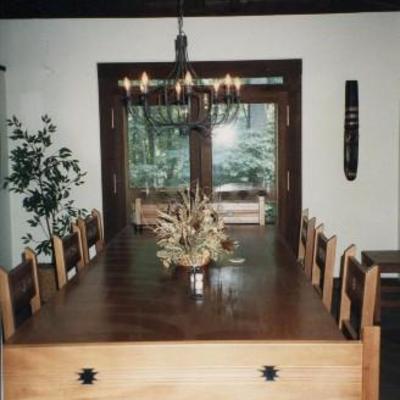 Hand Made Mahagany Table With Ebony Inlay 8 Chairs and 2 End Benchs