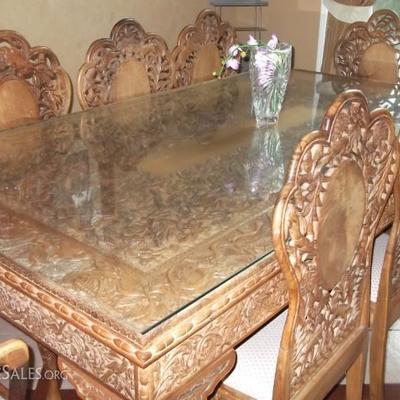 Custom hand-carved solid walnut dining table & 8 chairs - Kshmir, India